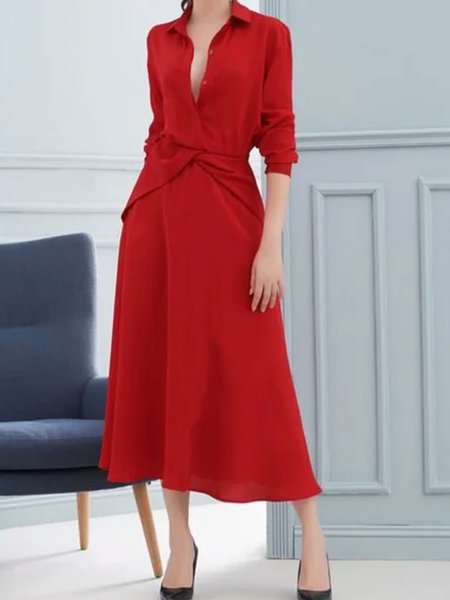 

Shirt Collar Plain Elegant Maxi Dress, Red, Midi Dresses