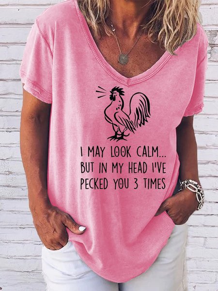 

Funny rooster print V-neck short-sleeved T-shirt, Pink, T-shirts