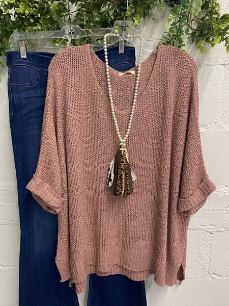 Casuale Maniche Lunghe Scollo a V Maglione, Rosa scuro, Sweater