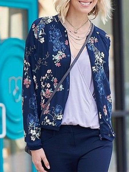 

Casual Cotton Blends Floral Printed Outerwear, Dark blue, Coats