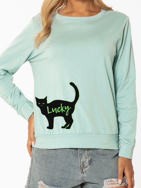

Unocis Cat Print Crew Neck Casual Sweatshirt., Green, Sweatshirts