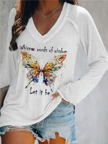 

Casuale Farfalla Scollo a V Maniche Lunghe Top, Bianco, T-Shirts
