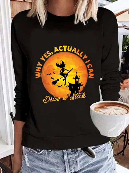 

Yes I Can Drive Stick Sweatshirt Halloween Crew Neck Long Sleeve Top, Black, Hoodies & Sweatshirts