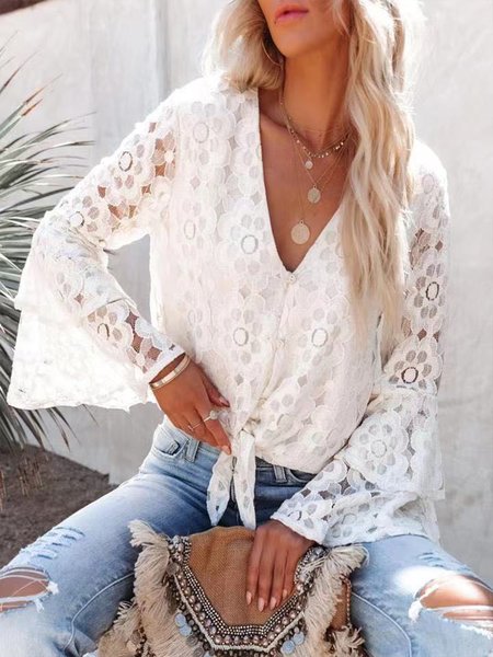 

Sexy Lace Polka Dots Blouse, White, Blouses and Shirts