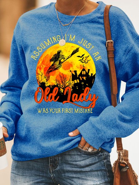 Old lady halloween print round neck long-sleeved cotton-blend sweatshirt, Blue, Hoodies&Sweatshirts