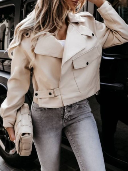 

Long Sleeve Loosen Daily Solid Jacket, Beige, Coats
