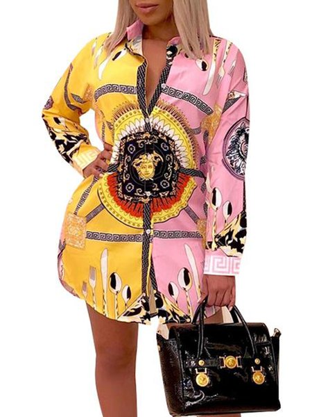 

Long Sleeve Abstract Shirt Collar Daily Shirt, As picture, Mini Dresses