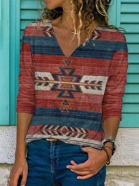 

Western ethnic print V-neck long sleeve T-shirt, Red, Long sleeve tops