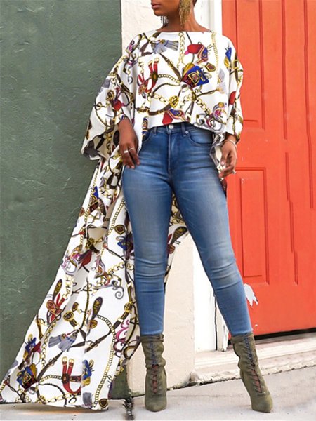 

Casual Long Sleeve Round Neck Plus Size Printed Tops, White, Tops