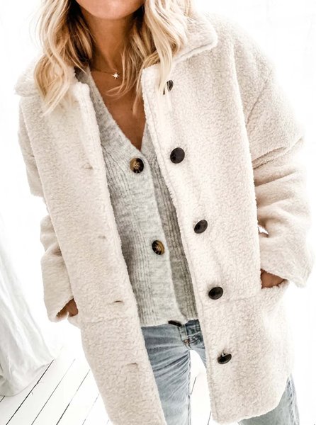 

Fleece Pockets Casual Outerwear, White, Outerwear