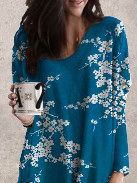 

Floral Shift Printed Long Sleeve Shirts & Tops, Blue, Tunics