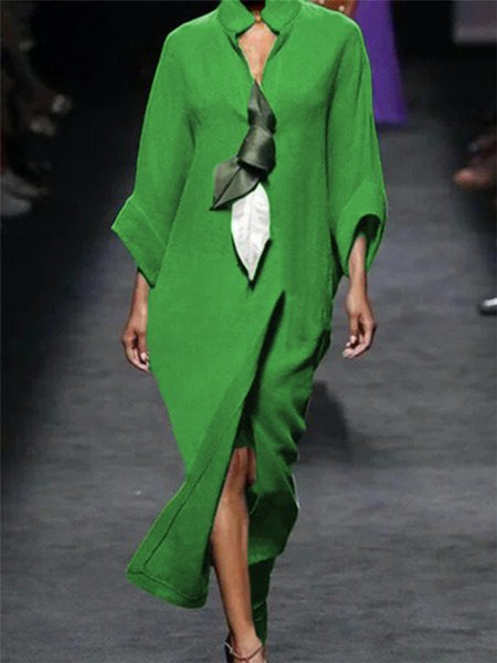 

Vintage Tinta unita Scollo a V Maniche Lunghe taglia grande Gonna Casuale, Verde, Maxi Dresses