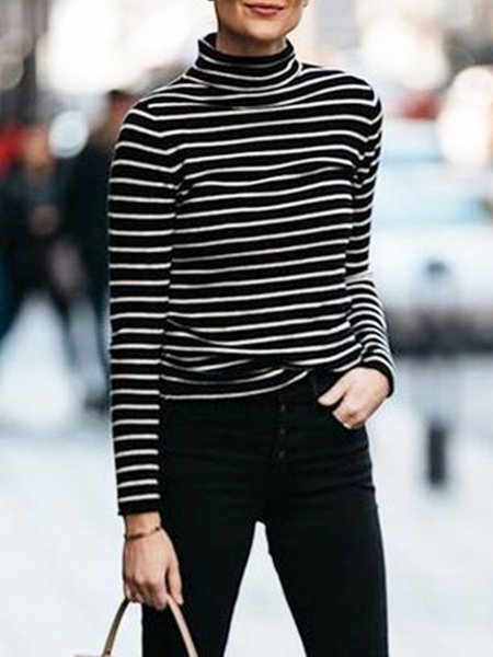 

Long Sleeve Striped High Neck Skinny Top, Black, Tops