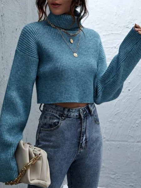 

Solid Simple Hight Neck Long Sleeve Sweater, Blue, Pullovers