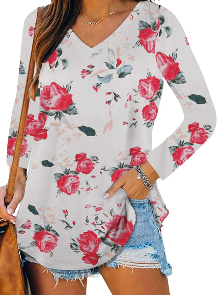 

V Neck Floral Regular Fit Tops, White, Tops