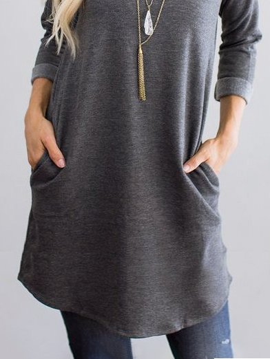 

Crew Neck Cotton-Blend Plain Long Sleeve Dresses, Gray, Mini Dresses