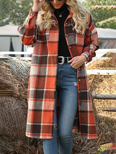 

Casual Loose Plaid Single Breasted Pockets Long Trench Coat, Orange, Coats