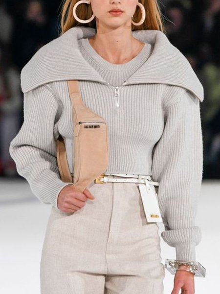 

Long Sleeve Plain Casual Crop Sweater, Light gray, Pullovers