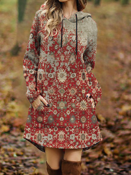 

taglia grande Maniche Lunghe Felpa con cappuccio Abito, Rosso, Midi Dresses