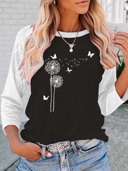 

Vintage Dandelion Printed Color-block Crew Neck Long Sleeve Plus Size Casual Tops, Black-white, T-Shirts