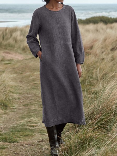 

Pockets Raglan Sleeve Linen Dresses, Deep gray, Midi Dresses