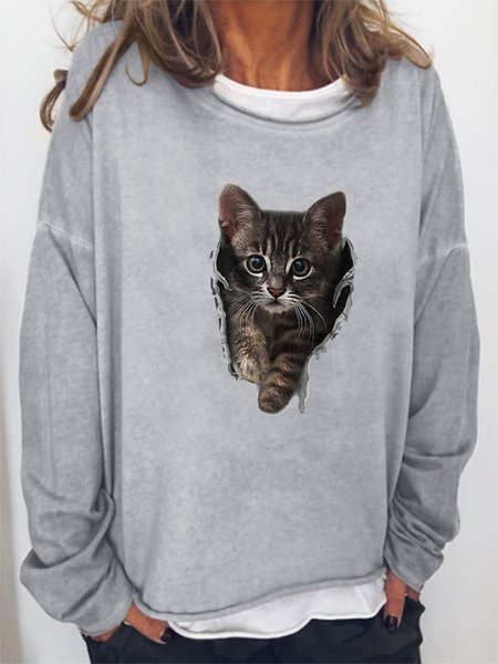 

Cat Printed Ladies Round Neck Long Sleeve Polyester Sweatshirt, Gray, Hoodies&Sweatshirts