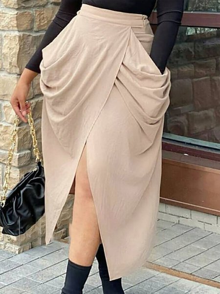 

Solid Daily Vintage Casual Skirts, Khaki, Midi Skirts