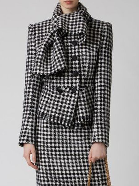 

Long Sleeve Houndstooth Elegant Outerwear, Black, Blazers