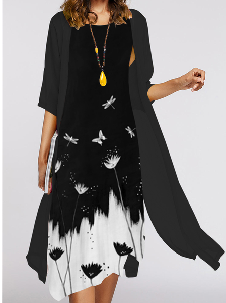 

Half Sleeve Casual Two Piece Sets, Black, Midi Dresses