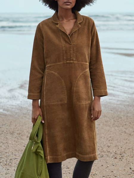 

Lapel Loosen Casual Dresses, Yellow brown, Midi Dresses