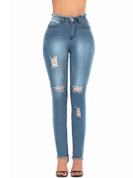 

Fall Elegant Lady Mid-weight Slightly stretchy Mid Waist Pants, Lake blue, Jeans