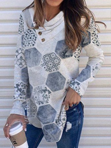 

Long sleeve Vintage Plaid pile neck T-shirt, Light gray, Long sleeve tops
