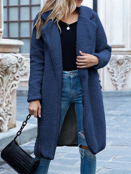 

Casual Vacation Loose Long Sleeve Notched-Lapel Plush Open Coat, Blue, Outerwear