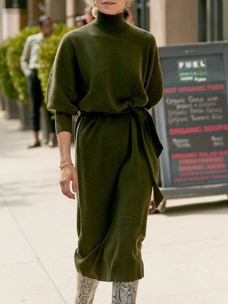 

Elegant High Neck Solid Sweater, Darkgreen, Midi Dresses