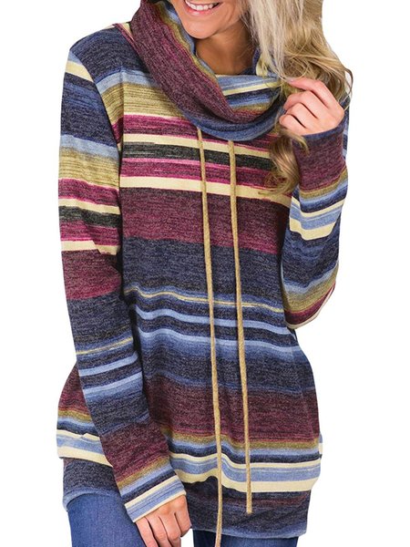 

Vintage Striped Long Sleeves High Neck Tops, Blue, Tops