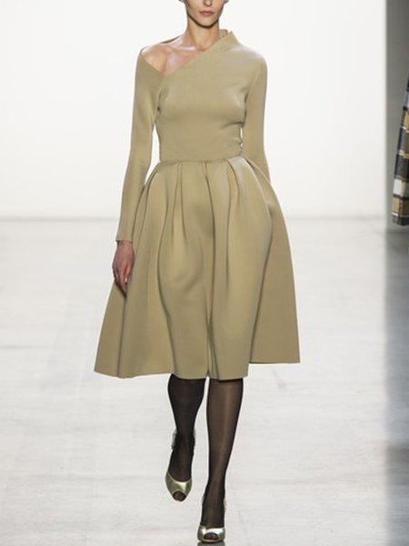 

Elegant Solid Long Sleeve Dresses, Khaki, Mini Dresses