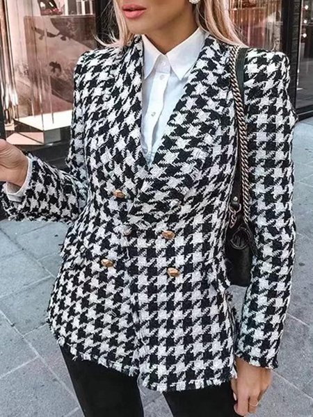 

Elegant Houndstooth Long sleeve Outerwear, Black-white, Blazers