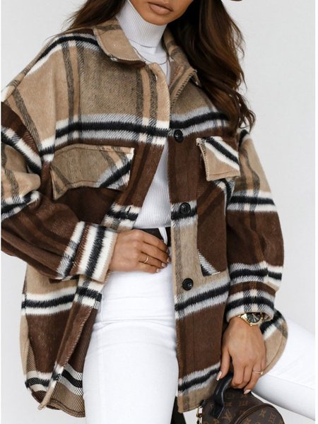 

New women's retro long-sleeved lapel plaid shirt jacket, Brown, Coats