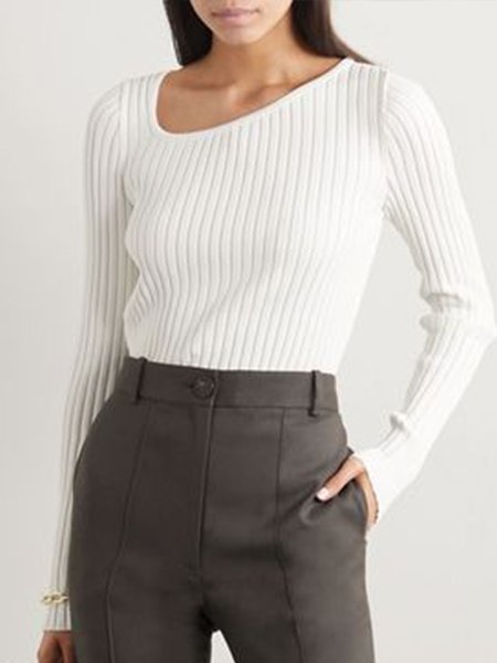 

Plain Shirt Sleeve Asymmetrical Neck Sweater, White, Pullovers