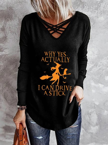 

Casual Long Sleeve V Neck Plus Size Printed Tops T-shirts, Black, T-Shirts