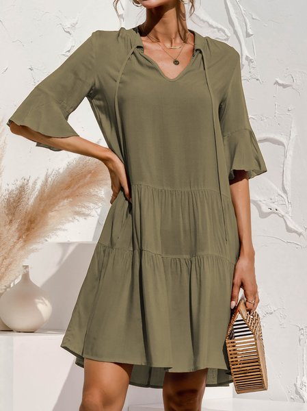 

Casual V-neck Flared Sleeve Cake Stitching Dresses, Army green, Casual Dresses