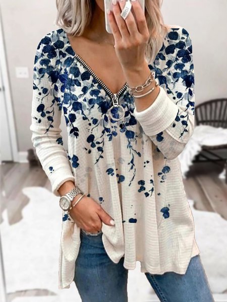 

Personalized basic casual floral print long-sleeved T-shirt, As picture, T-Shirts
