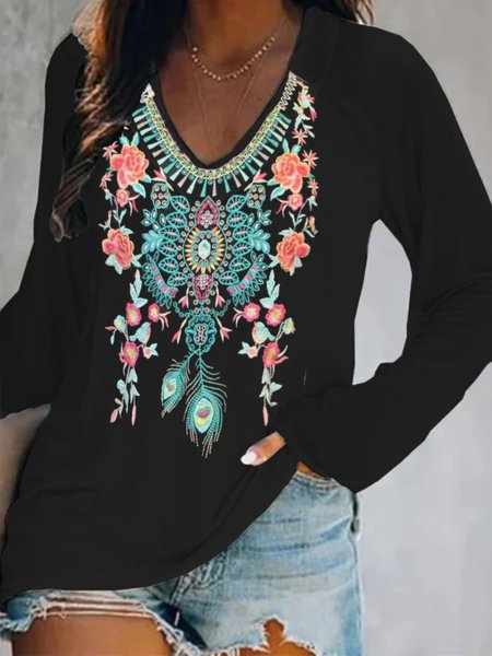 

Casual Long Sleeve V Neck Plus Size Printed Tops T-shirts, Black, T-Shirts