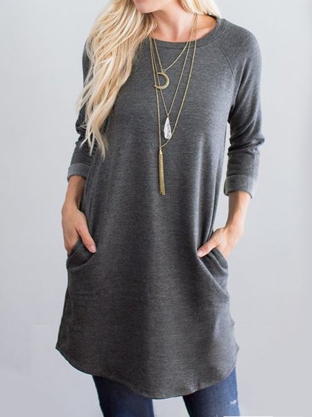 

Crew Neck Cotton-Blend Plain Long Sleeve Knitting Dress, Gray, Dresses