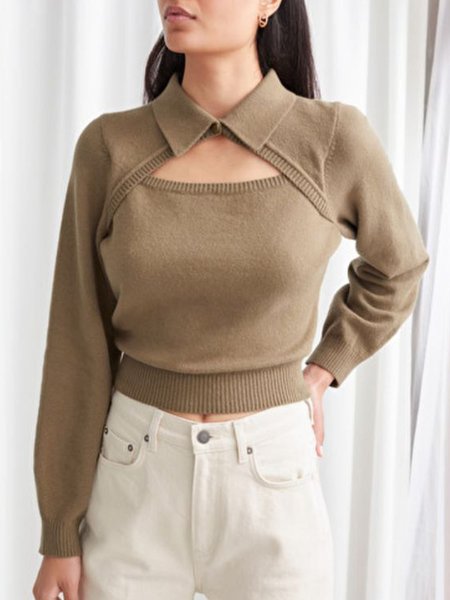 

Long Sleeve Plain Cute Crop Sweater, Light brown, Pullovers