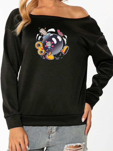 

Unocis Fun Cartoon Pattern Long-sleeved Off Shoulder Sweatshirt, Black, Hoodies