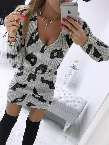 

Long Sleeve V-neck Leopard Printed Dresses, As picture, Mini Dresses