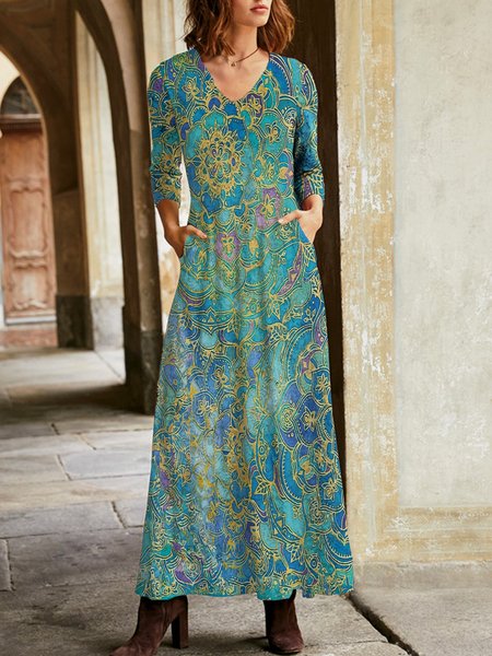 

Vintage Geometrico Stampata Floreale Scollo a V Maniche Lunghe taglia grande Gonna Casuale, Multicolore, Maxi Dresses