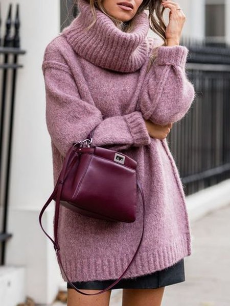 

Elegant High Neck Sweater Dress, Light purple, Pullovers