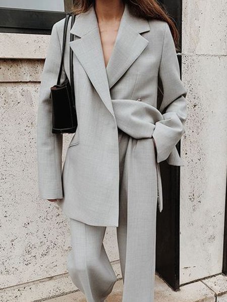 

Long Sleeve Plain Casual Loosen Outerwear, Gray, Blazers